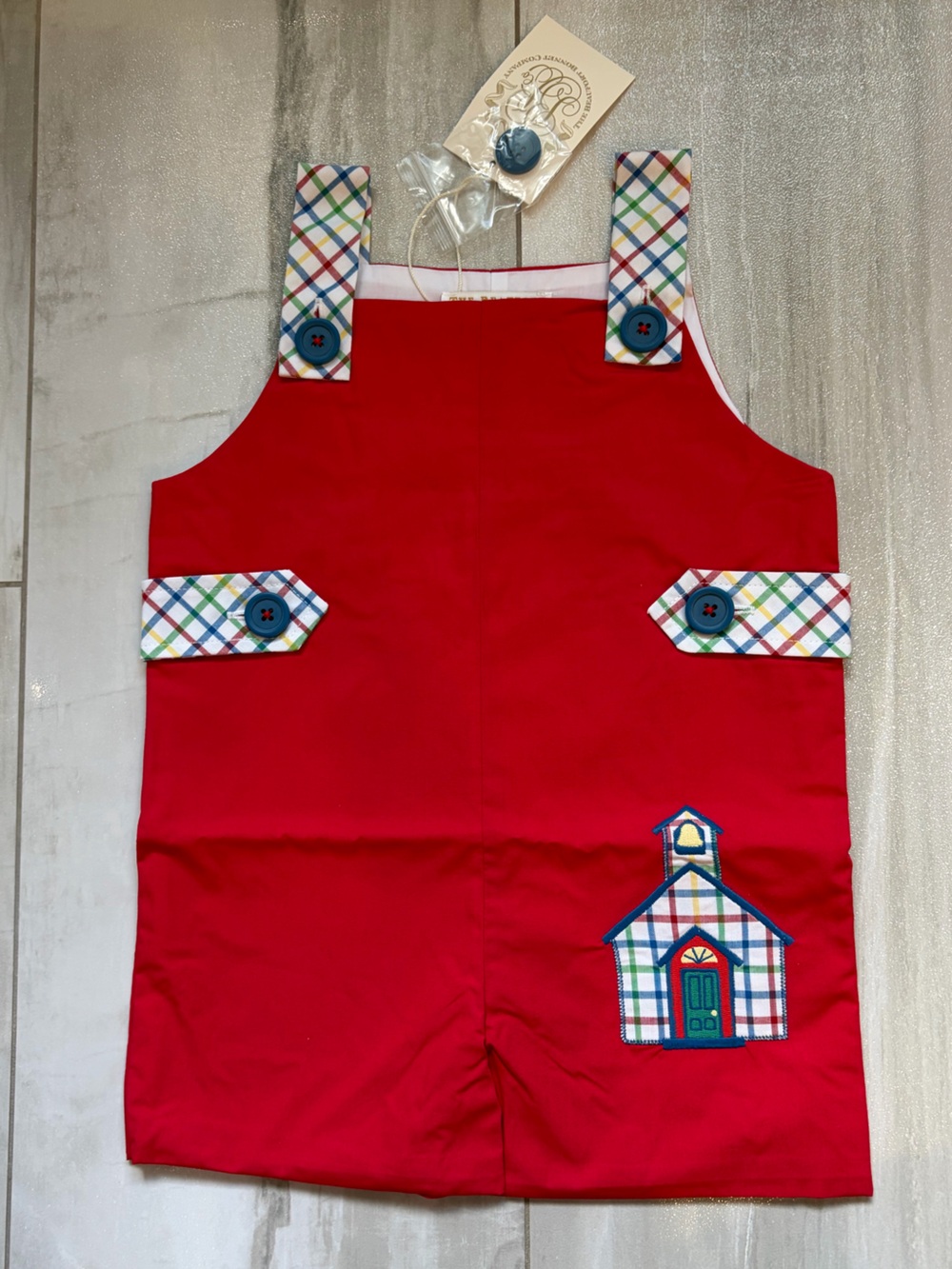 NWT TBBC Vibrant Red Teddy’s Tab Schoolhouse Appliqué Jon Jon Romper Boys 6-12M